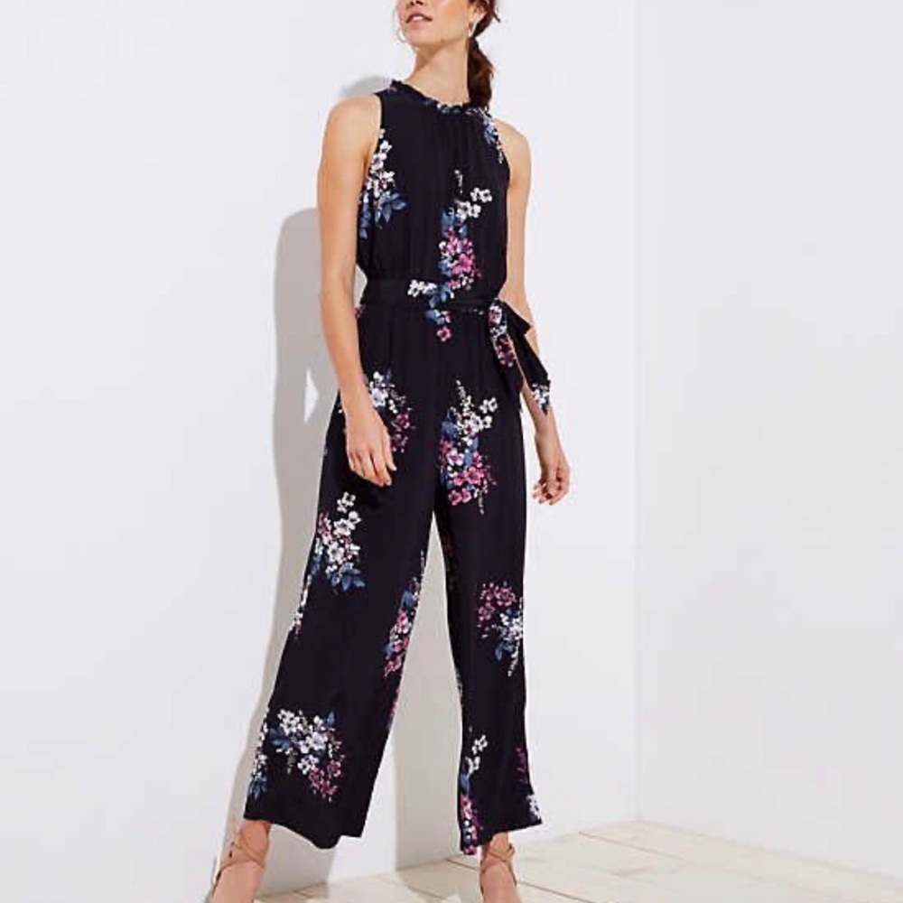 LOFT Black Floral Sleeveless Jumpsuit with Tie Waist
